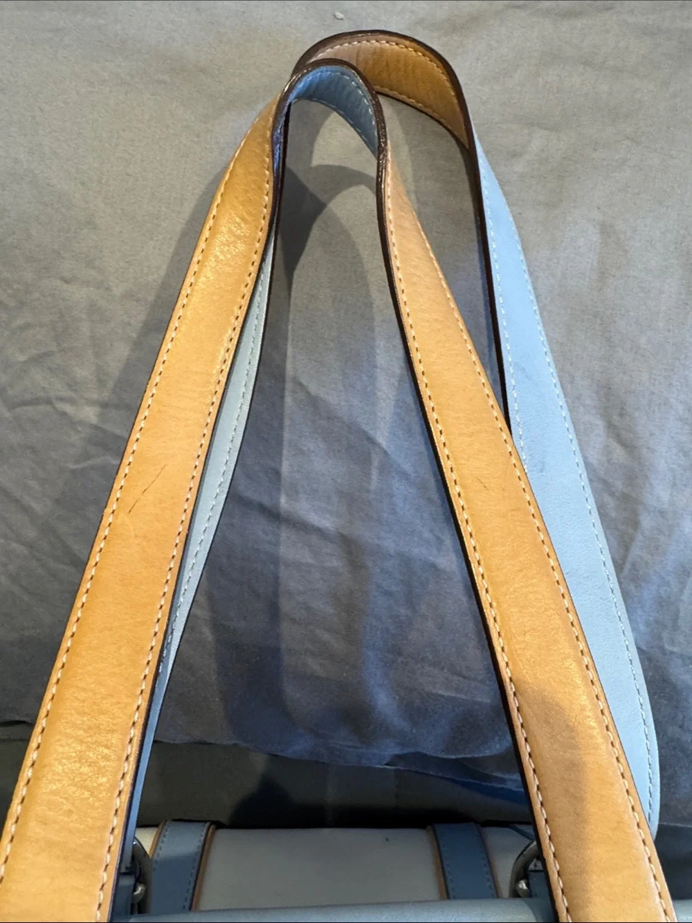 Coach Canvas Tote with Light Blue Trim and Tan Leather Handles